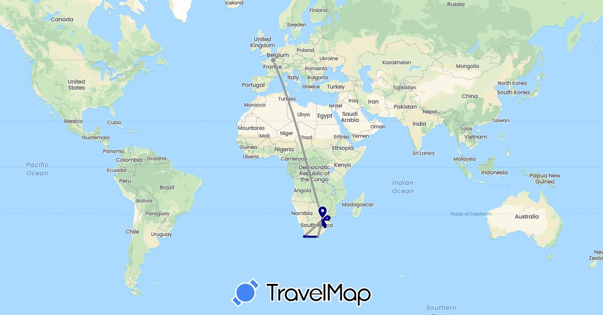 TravelMap itinerary: driving, plane in France, Lesotho, Swaziland, South Africa (Africa, Europe)